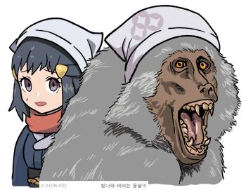 1girl akari_(pokemon) black_hair commentary eyelashes gigobyte350 grey_eyes hair_ornament hairclip headscarf jacket looking_at_viewer monkey nintendo open_mouth pokemon pokemon_legends:_arceus raised_eyebrows sash scarf sidelocks sweatdrop white_background white_headscarf