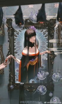 1girl bare_shoulders bat_(animal) black_collar black_hair black_kimono blood blood_on_hands blunt_bangs blurry blurry_foreground bone chenjiu_de_sixiang_de_si_yu collar collarbone egasumi exposed_bone final_fantasy final_fantasy_xiv flower green_eyes hair_flower hair_ornament highres hyur japanese_clothes kimono kiseru long_hair looking_at_viewer obi obiage obijime off_shoulder out_of_frame parted_lips red_trim sash skeleton_hands smoking_pipe solo_focus straight_hair through_medium through_painting upper_body watermark weibo_watermark yotsuyu_goe_brutus