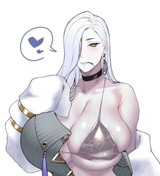 1girl black_choker black_eyeliner blue_eyeshadow bra breasts cero_rains choker collarbone commentary earrings english_commentary eyeliner eyeshadow fate/grand_order fate_(series) forked_tongue grey_hair hair_over_one_eye heart highres huge_breasts jewelry lipstick long_hair looking_at_viewer makeup mrs._snake_(fate) partially_undressed revision sleeves_past_fingers sleeves_past_wrists slit_pupils solo spoken_heart tongue tongue_out undersized_clothes underwear upper_body veins veiny_breasts white_background