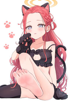1girl alternate_costume animal_ear_fluff animal_ears animal_hands armpit_crease barefoot black_panties black_tail black_thighhighs blue_archive boots bow bra braid breasts cat_cutout cat_ears cat_lingerie cat_tail cleavage_cutout clothing_cutout collarbone eyelashes feet foot_focus foot_out_of_frame forehead foreshortening frilled_bra frills gloves hair_bow halo hand_up highres knee_boots knee_up loli long_hair looking_at_viewer open_mouth panties papiko_(mochipapiko) parted_bangs paw_gloves pink_hair presenting_foot side-tie_panties sidelocks simple_background single_thighhigh sitting small_breasts soles solo strap_slip sweatdrop tail thighhighs toes underwear underwear_only very_long_hair white_background white_bow yellow_halo yuzu_(blue_archive)