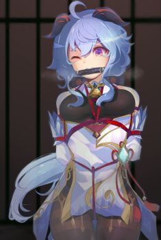 1girl ahoge arms_behind_back bare_shoulders bdsm bell bit_gag blue_hair bondage bound bound_arms bound_wrists breast_bondage breasts cowbell crotch_rope detached_sleeves gag gagged ganyu_(genshin_impact) genshin_impact goat_horns gold_trim hair_between_eyes highres horns jewelry legion_(fox3498) leotard leotard_under_clothes long_hair low_ponytail medium_breasts neck_bell one_eye_closed ponytail purple_eyes red_rope restrained rope shibari shibari_over_clothes solo thighlet vision_(genshin_impact)