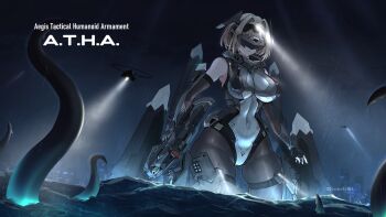 Rule 34 | 1girl, absurdres, aircraft, bare shoulders, black gloves, blindfold mask, bodysuit, breasts, building, chinese commentary, cityscape, commentary request, covered navel, english text, fingerless gloves, giant, giantess, gloves, gun, helicopter, highres, holding, holding gun, holding weapon, impossible bodysuit, impossible clothes, large breasts, large variant set, mask, mecha musume, medium hair, night, original, rain, searchlight, sherman (egnk2525), skin tight, skyscraper, thigh strap, variant set, wading, water, weapon