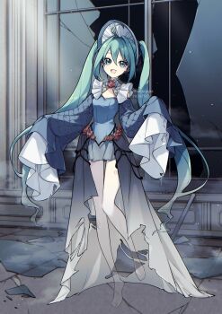 1girl ahoge alternate_costume aqua_eyes aqua_hair bonnet breasts broken_glass broken_window dress feet flower full_body ghost glass hat hatsune_miku highres hua_(supa_jopa) long_hair open_mouth rose sleeves_past_wrists small_breasts smile transparent twintails vocaloid window