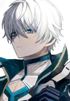 Rule 34 | 1boy, asatya ny, black gloves, black jacket, blue eyes, cleavage cutout, closed mouth, clothing cutout, gloves, highres, honkai (series), honkai impact 3rd, jacket, kevin kaslana, male focus, pectoral cleavage, pectorals, short hair, simple background, solo, upper body, white background