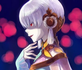 Rule 34 | baten kaitos, braid, braided hair rings, closed mouth, colored eyelashes, commentary request, from side, hair rings, hand up, melodia (baten kaitos), red eyes, red lips, saikachi (ogre tree), short hair, smile, twintails, upper body, white eyelashes, white hair
