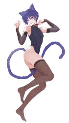 Rule 34 | 1boy, :p, absurdres, animal ears, black shirt, black shorts, brown sleeves, brown thighhighs, cat boy, cat ears, cat tail, chobonu, closed mouth, collar, feet, genshin impact, hair between eyes, highres, looking at viewer, male focus, purple eyes, purple hair, scaramouche (genshin impact), shirt, short hair, shorts, smile, solo, tail, thighhighs, toes, tongue, tongue out