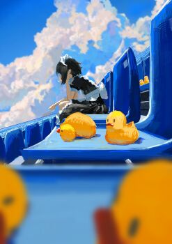 1girl absurdres back_hair bird commentary duck english_commentary highres koukouya maid original scenery seating sky