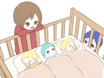 Rule 34 | 2boys, 3girls, :o, aged down, baby, blonde hair, blue eyes, blue hair, blush, brown eyes, brown hair, closed eyes, commentary, crib, green hair, green shirt, hariikei, hatsune miku, highres, kagamine len, kagamine rin, kaito (vocaloid), leaning on object, looking at another, lying, meiko (vocaloid), multiple boys, multiple girls, on back, open mouth, orange shirt, pacifier, peeking, pillow, red sweater, shirt, short hair, simple background, sleeping, smile, spiked hair, standing, sweater, vocaloid, white background