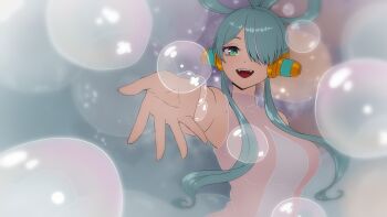 1girl :d absurdres aqua_eyes blue_hair bow-shaped_hair bubble commentary cosplay cross-shaped_pupils daydarion elira_pendora english_commentary fangs hair_over_one_eye highres long_hair mole mole_on_armpit nijisanji nijisanji_en one_piece one_piece_film:_red open_mouth smile solo symbol-shaped_pupils uta_(one_piece) uta_(one_piece)_(cosplay) virtual_youtuber