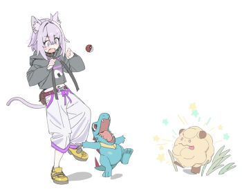 absurdres alternate_color animal_ear_fluff animal_ears cat_ears cat_girl cat_tail gen_2_pokemon gen_6_pokemon highres hololive imamura_ryou nekomata_okayu nintendo poke_ball pokemon purple_eyes purple_hair shiny_pokemon short_hair simple_background swirlix tail totodile virtual_youtuber white_background