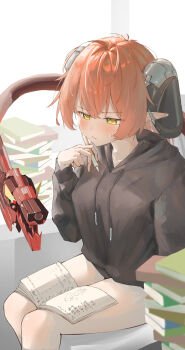 1girl absurdres alternate_costume black_hoodie black_horns blush book book_on_lap breasts closed_mouth collarbone commentary_request cowboy_shot curled_horns gun half-closed_eyes highres holding holding_pen hood hoodie horns ikura_motimoti indoors long_hair magus_(zenless_zone_zero) mechanical_horns mechanical_tail medium_breasts notebook orange_hair orange_pupils orphie_magnusson pen pile_of_books pointy_ears sitting sweatdrop tail v-shaped_eyebrows weapon zenless_zone_zero