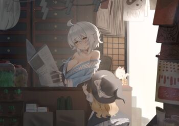 2girls absurdres aged_down apron bare_shoulders black_choker black_gloves black_hat black_skirt blonde_hair bow braid breasts child choker cleavage commentary facing_away fingerless_gloves frilled_skirt frills from_behind genderswap genderswap_(mtf) gloves hat hat_bow highres holding holding_newspaper jar kirisame_marisa kourindou large_breasts long_hair long_sleeves maneki-neko morichika_rinnosuke multiple_girls newspaper no_noru off_shoulder puffy_short_sleeves puffy_sleeves short_sleeves single_braid skirt table touhou very_long_hair waist_apron white_apron white_bow witch_hat