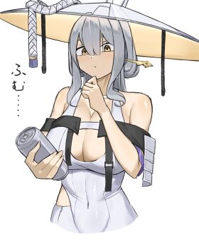 1girl absurdres armor breasts can cleavage clothing_cutout covered_navel cropped_torso goddess_of_victory:_nikke goma. grey_hair hair_ornament hair_stick hand_on_own_chin hat highres holding holding_can japanese_armor jingasa large_breasts large_hat leotard long_hair scarlet_(nikke) shoulder_armor sidelocks simple_background sode solo white_background white_leotard yellow_eyes