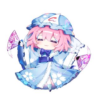1girl blue_hat blue_kimono blue_ribbon chibi chibi_only collar frilled_collar frills full_body hand_fan hat highres holding holding_fan japanese_clothes kimono pink_hair ribbon saigyouji_yuyuko sia_6767 simple_background solo touhou white_background