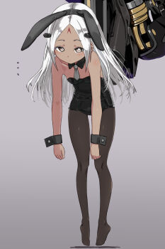 ... 1girl alternate_costume animal_ear_hairband animal_ears bare_arms bare_shoulders black_hairband black_leotard black_pantyhose black_wrist_cuffs bright_pupils brown_eyes closed_mouth commentary dark-skinned_female dark_skin detached_collar dot_mouth elisa_(girls&#039;_frontline) expressionless facial_mark fake_animal_ears floppy_ears forehead forehead_mark full_body girls&#039;_frontline grey_background grey_necktie hairband headgear highres leotard lifting_person light_blush long_hair looking_at_viewer machine middle_part necktie no_shoes paid_reward_available pantyhose parted_bangs parted_hair petite playboy_bunny rabbit_ear_hairband rabbit_ears sangvis_ferri short_necktie simple_background solo strapless strapless_leotard white_hair white_pupils wing_collar wrist_cuffs zafuri_(yzrnegy)