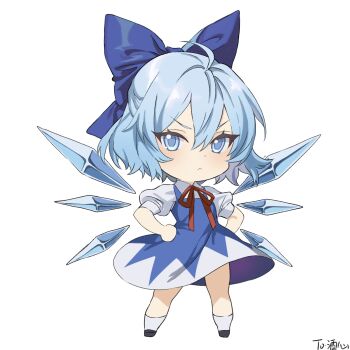 1girl blue_bow blue_dress blue_eyes blue_hair bow chinese_commentary cirno collared_shirt commentary_request deformed detached_wings dress frown full_body gift_art hair_bow hands_on_own_hips highres ice ice_wings kurage_(pixiv_121857287) looking_at_viewer pinafore_dress puffy_short_sleeves puffy_sleeves shirt short_hair short_sleeves simple_background sleeveless sleeveless_dress solo touhou white_background white_shirt wings