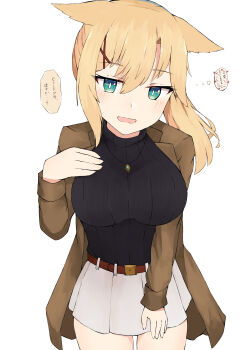 1girl absurdres animal_ears belt belt_buckle black_sweater blonde_hair blush breasts brown_belt brown_jacket buckle commentary_request green_eyes grey_skirt hair_between_eyes hair_ornament hairclip hand_up highres jacket long_hair long_sleeves looking_at_viewer medium_breasts nyaha open_clothes open_jacket open_mouth original pleated_skirt ponytail ribbed_sweater simple_background skirt solo sweater translation_request white_background