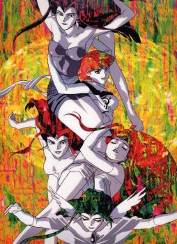 Rule 34 | arms up, black eyes, blunt bangs, breasts, bridal gauntlets, cleavage, closed eyes, earrings, feathered wings, fingernails, floating hair, gloves, green hair, hug, jewelry, long fingernails, long hair, macross, macross plus, mini wings, non-web source, nude, official art, outstretched arms, parted lips, red hair, sharon apple, short hair, spread arms, wings