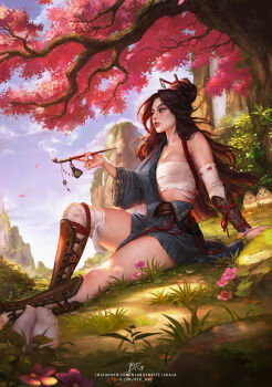 1girl blondynkitezgraja brown_hair cherry_blossoms day grey_kimono hair_bun hair_ornament hairpin highres japanese_clothes kimono kiseru long_hair nature original outdoors parted_lips realistic sarashi shin_guards sitting smoking_pipe solo thighs tree under_tree