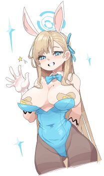 1girl absurdres animal_ear_hairband animal_ears asuna_(blue_archive) asuna_(bunny)_(blue_archive) bandaid bandaids_on_nipples bare_shoulders blonde_hair blue_archive blue_bow blue_bowtie blue_eyes blue_halo blue_leotard blush bow bowtie breasts cleavage collarbone commentary covered_groin covered_navel detached_collar english_commentary fake_animal_ears feet_out_of_frame gloves grin hair_ribbon hairband halo highres large_breasts leotard long_hair looking_at_viewer mole mole_on_breast neamosub pantyhose pasties rabbit_ear_hairband rabbit_ears ribbon smile solo strapless strapless_leotard thighband_pantyhose very_long_hair waving white_gloves