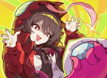 1girl among_us boo_tao_(genshin_impact) brown_hair claw_pose cosplay flower-shaped_pupils genshin_impact green_nails highres hood hooded_jacket hu_tao_(genshin_impact) jacket long_hair long_sleeves looking_at_another multicolored_nails nail_polish open_mouth pellas_(panix2383) red_(among_us) red_(among_us)_(cosplay) red_eyes red_jacket scared symbol-shaped_pupils teeth tongue upper_body upper_teeth_only v-shaped_eyebrows yellow_nails