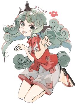Rule 34 | 1girl, :3, aqua eyes, aqua hair, cloud print, curly hair, fangs, floating hair, from side, full body, hands up, horns, jumping, kariyushi shirt, komainu ears, komainu tail, komano aunn, konabetate, legs up, light blush, long hair, looking at viewer, looking to the side, open mouth, paw pose, print shirt, print shorts, red shirt, sandals, shirt, short sleeves, shorts, simple background, single horn, skin fangs, smile, solo, tail, touhou, w arms, white background, white shorts