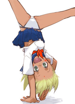 1girl :d absurdres bindi blonde_hair blue_eyes blue_skirt blush_stickers bow bow_panties breasts dark-skinned_female dark_skin female_focus handstand highres kaolla_su looking_at_viewer love_hina ogihara_mach open_mouth panties pantyshot pleated_skirt red_neckwear school_uniform simple_background skirt smile solo underboob underwear upside-down white_background white_panties