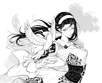 1girl bird bird_on_hand black_hair breasts dress gloves greyscale hairband highres kazama_jun looking_at_viewer monochrome murderking666 simple_background solo tekken tekken_8 white_bird white_dress white_gloves white_hairband