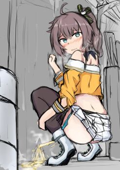 1girl animal_hair_ornament ass black_pantyhose blue_eyes blue_panties blush boots bow brown_hair cat_hair_ornament clochetteravine clothes_pull drum_(container) embarrassed from_behind hair_bow hair_ornament highres hololive long_hair long_sleeves looking_at_viewer midriff natsuiro_matsuri open_mouth orange_shirt panties panty_pull pantyhose pantyhose_pull peeing peeing_on_wall ponytail puddle shirt side_ponytail skirt squatting steam teeth underwear virtual_youtuber wall white_footwear white_skirt