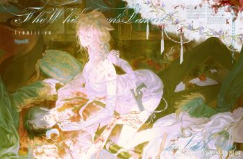 Rule 34 | 1boy, 1girl, alcohol, animal ears, aqua hairband, bad source, bare shoulders, black hair, black pants, blonde hair, blood, blood on arm, blood on clothes, blood on face, blood on hands, bottle, breasts, chinese text, collared shirt, cup, curtains, cuts, dress, drinking glass, elbow gloves, english text, eyelashes, flower, girl on top, gloves, gun, hair between eyes, hairband, handgun, high heels, highres, holding, holding cup, holding gun, holding weapon, indoors, injury, knife, long hair, lying, on back, original, pants, pillow, pulppunk001, red flower, red rose, red wine, revolver, ribbon, rose, sample watermark, shirt, short dress, short hair, strap slip, unworn eyewear, watermark, weapon, weibo username, weibo watermark, white dress, white shirt, wine, wine bottle, wine glass