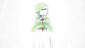 Rule 34 | 1girl, :o, bob cut, breasts, closed eyes, collarbone, colored skin, cowboy shot, female focus, flower, from above, gardevoir, gen 3 pokemon, grass, green hair, green skin, hair over one eye, hands on own stomach, holding, holding flower, large breasts, lying, medium hair, multicolored skin, nintendo, on back, on ground, one eye covered, open mouth, own hands together, pearboy-ooh, pokemon, pokemon (creature), red flower, solo, spider lily, two-tone skin, u u, white background, white skin