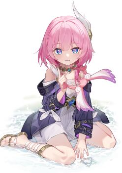 1girl animal_ears bare_shoulders blue_eyes breasts coat commentary_request cyrene_(aedes_elysiae)_(honkai:_star_rail) cyrene_(honkai:_star_rail) drawing_on_snow dress fake_animal_ears hair_ornament highres holding_hairband honkai:_star_rail honkai_(series) jewelry looking_at_viewer medium_hair necklace parted_lips pink_hair pink_pupils purple_coat sandals simple_background sitting small_breasts solo toes unworn_fake_animal_ears wariza white_background white_dress white_hair xingqiba_(974528265)