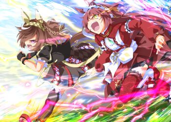 2girls ahoge animal_ears black_dress black_thighhighs blunt_bangs blunt_ends blunt_sidelocks braid breasts brown_hair brown_headdress buena_vista_(umamusume) checkered_hairband dress eye_trail glowing glowing_eyes hair_between_eyes hair_ornament hairband headband highres horse_ears horse_girl horse_tail light_trail long_hair long_sleeves medium_hair multiple_girls open_mouth puffy_short_sleeves puffy_sleeves purple_eyes red_desire_(umamusume) red_dress red_hair red_hairband red_headdress red_thighhighs running shoes short_sleeves sidelocks star_ornament sweat tail teeth thighhighs umamusume upper_teeth_only yellow_eyes zukki_(bijitaru)