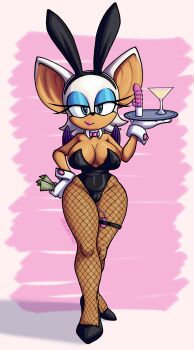 1girl absurdres animal_ears areola_slip bare_shoulders bat_ears bat_wings black_footwear black_leotard blue_eyes breasts cleavage closed_mouth cocktail_glass collar cup dildo drinking_glass eyeshadow fake_animal_ears fishnet_pantyhose fishnets full_body gloves hand_on_own_hip high_heels highres holding holding_money holding_tray large_breasts leotard lipstick looking_at_viewer makeup mexican-joe money pantyhose pink_background rabbit_ears rouge_the_bat sex_toy simple_background smile solo sonic_(series) standing tray white_gloves wings