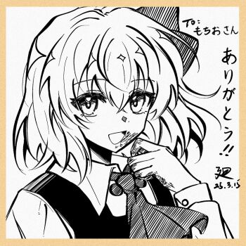 1girl ascot border collared_shirt commentary dated english_commentary hair_ribbon highres long_sleeves looking_at_viewer medium_hair mi_pomeranian open_mouth ribbon rumia shikishi shirt signature smile solo touhou traditional_media vest