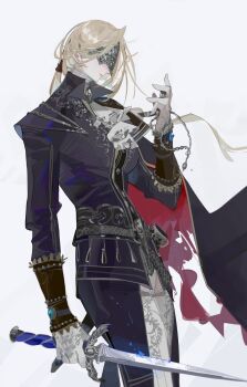 Rule 34 | 1girl, absurdres, ascot, black cape, blindfold, blindfold mask, blonde hair, blue jacket, blue pants, cape, covered eyes, cowboy shot, dagger, duchess (elden ring), elden ring, elden ring nightreign, expressionless, from side, gloves, highres, holding, holding dagger, holding knife, holding pocket watch, holding weapon, jacket, knife, mask, medium hair, nslacka, pants, pocket watch, simple background, solo, watch, weapon, white ascot, white background, white gloves