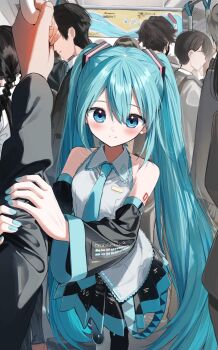 bare_shoulders black_skirt black_sleeves blue_eyes blue_hair blue_nails blue_necktie blush closed_mouth collared_shirt commentary_request crowd detached_sleeves grabbing_another's_arm grey_shirt hair_between_eyes hair_ornament hatsune_miku highres long_hair long_sleeves looking_at_viewer miniskirt nail_polish necktie number_tattoo pentagon_(railgun_ky1206) pleated_skirt pov shirt shoulder_tattoo skirt sleeveless sleeveless_shirt smile solo_focus split_mouth standing tattoo train_interior twintails very_long_hair vocaloid