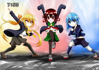 10s 3girls absurdres black_serafuku commentary_request highres kantai_collection kneehighs minazuki_(kancolle) multiple_girls mutsuki_(kancolle) pantyhose remodel_(kantai_collection) satsuki_(kancolle) school_uniform serafuku socks suke_(share_koube) thighhighs time triangle_mouth v-shaped_eyebrows