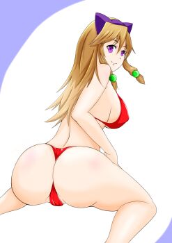 1girl aq_interactive arcana_heart artist_request ass atlus bare_shoulders bikini breasts brown_hair examu female_focus from_behind hair_ornament highres inuwaka_akane large_breasts long_hair looking_at_viewer looking_back purple_eyes sideboob smile solo swimsuit thong thong_bikini