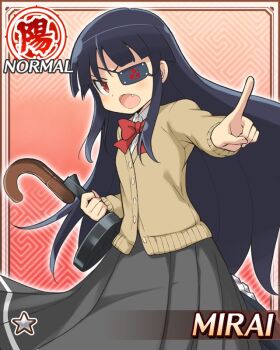 1girl black_skirt black_umbrella bow bowtie brown_cardigan card_(medium) cardigan eyepatch fang flat_chest game_cg hebijo_academy_school_uniform long_hair long_skirt mirai_(senran_kagura) mitsudomoe_(shape) non-web_source official_alternate_costume official_art open_mouth pointing pointing_at_viewer red_bow red_bowtie red_eyes school_uniform senran_kagura senran_kagura_new_wave shirt skirt solo tomoe_(symbol) umbrella umbrella_gun white_shirt