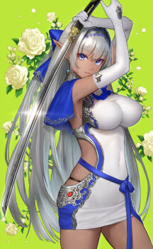 1girl blue_capelet blue_dress blue_eyes blue_ribbon breasts capelet commentary_request cowboy_shot dark-skinned_female dark_elf dark_skin dress earrings elf flower green_background grey_hair highres hiyashiru holding holding_sword holding_weapon jewelry katana large_breasts long_hair looking_at_viewer microdress original pointy_ears ribbon rose sideless_dress simple_background solo sword two-tone_dress very_long_hair weapon white_dress white_flower white_rose