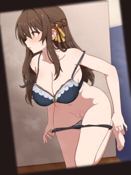 1girl absurdres bare_shoulders black_panties blue_bra blush bra braid breasts brown_hair censored character_request cleavage commentary_request commission hair_ribbon half_up_braid highres lace lace-trimmed_bra lace_trim large_breasts leaning_forward long_hair long_sidelocks looking_to_the_side mahou_tsukai_to_kuroneko_no_wiz milliani mosaic_censoring navel orange_eyes paid_reward_available panties panty_pull parted_lips pixiv_commission pussy ribbon sidelocks solo standing standing_on_one_leg strap_slip sweat underwear undressing voyeur_pov voyeurism yellow_ribbon