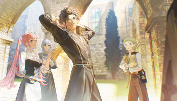 2boys 2girls absurdres bag black_hair black_vest blue_hair breasts building claude_von_riegan dark-skinned_male dark_skin fire_emblem fire_emblem:_three_houses garreg_mach_monastery_uniform green_hair highres hilda_valentine_goneril hugging_object ignatz_victor long_hair looking_at_another marianne_von_edmund medium_breasts multiple_boys multiple_girls nintendo shirt short_hair shoulder_bag tree twintails vest white_shirt window zhihaiwusheng