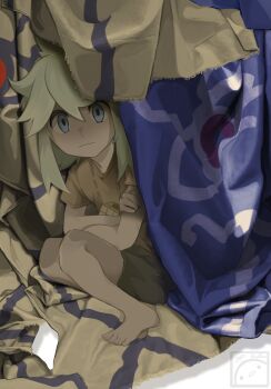 barefoot blonde_hair blue_eyes brown_shirt highres homeless looking_at_viewer n_(pokemon) nintendo pokemon pokemon_bw pongoamimir rubik's_cube scared shirt shorts taking_shelter