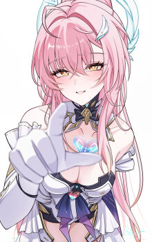 Rule 34 | 1girl, aemeath (wuthering waves), ahoge, bare shoulders, blush, breasts, collarbone, commentary request, elbow gloves, gloves, hair intakes, hair ornament, hand up, highres, large breasts, leaning forward, leotard, long hair, looking at viewer, mole, mole on shoulder, orange eyes, outstretched arm, parted lips, pink hair, simple background, smile, solo, star-shaped pupils, star (symbol), strapless, strapless leotard, symbol-shaped pupils, tacet mark (wuthering waves), thigh gap, thighs, uriuritei, very long hair, white background, white gloves, white leotard, wuthering waves