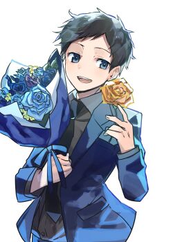 1boy :d absurdres black_hair black_necktie blue_eyes blue_flower blue_jacket blue_pants blue_rose bouquet collared_shirt commentary_request durarara!! flower formal_clothes grey_shirt highres holding holding_bouquet holding_flower jacket long_sleeves male_focus necktie open_mouth pa_yashi pants pocket rose ryuugamine_mikado shirt short_hair simple_background smile solo suit teeth upper_teeth_only white_background yellow_flower yellow_rose
