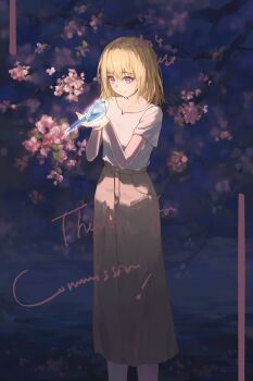 1girl animal bang_dream! bang_dream!_it&#039;s_mygo!!!!! bird blonde_hair blue_bird breasts brown_skirt cherry_blossoms commission highres holding holding_animal hu_pi_xuan_jiao long_skirt medium_breasts misumi_uika night purple_eyes shirt short_sleeves skirt smile solo standing tree white_shirt