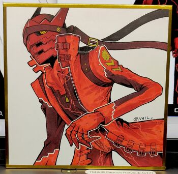 1boy artist_name chinese_commentary coat commentary_request headband highres magatsu_izanagi male_focus mask nailtoo persona persona_(summon) persona_4 photo_(medium) red_coat red_theme simple_background solo traditional_media white_background yellow_eyes