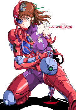 1980s_(style) 1girl anice_farm armor bleeding blood bodysuit breasts brown_eyes brown_hair chouon_senshi_borgman earrings helmet highres jewelry long_hair looking_at_viewer medium_breasts oldschool retro_artstyle solo waeba_yuusee white_background