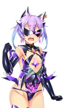 1girl animal_ears areola_slip black_gloves blue_hair blush breasts corruption covered_erect_nipples covered_navel cowboy_shot crown dark_persona earrings elbow_gloves evil_aqua fang fujii_natsumi_(ysphere) game_cg gem gloves gradient_hair highleg highleg_leotard jewelry large_variant_set leotard mask multicolored_hair non-web_source official_art open_mouth pubic_tattoo purple_hair satou_kuuki shiny_clothes short_hair simple_background small_breasts solo soukou_seiki_ysphere standing sunglasses tattoo thighhighs transparent_background twintails variant_set